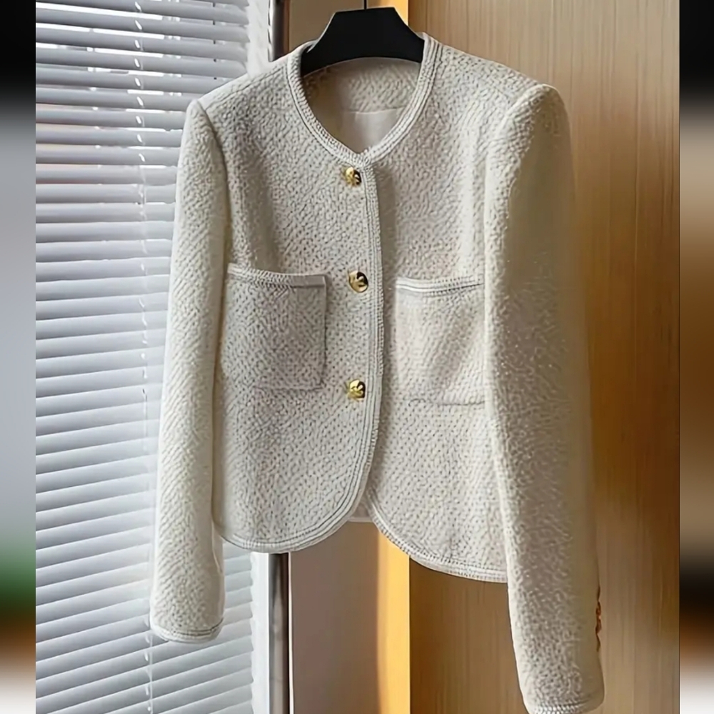 Elegant Beige Women's Blazer Jacket - Button-Front Coat, Structured Non-Stretch - Picture 5 of 5